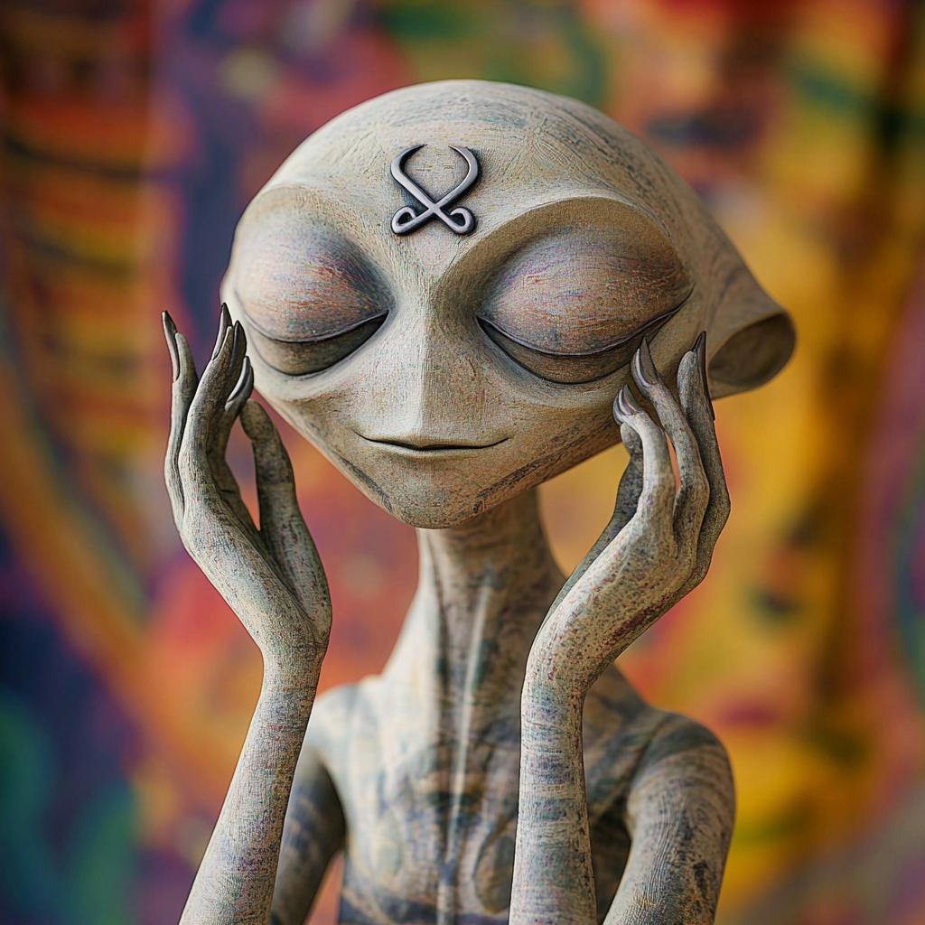 Grey alien meditating with infinity sign, Matt Furie style