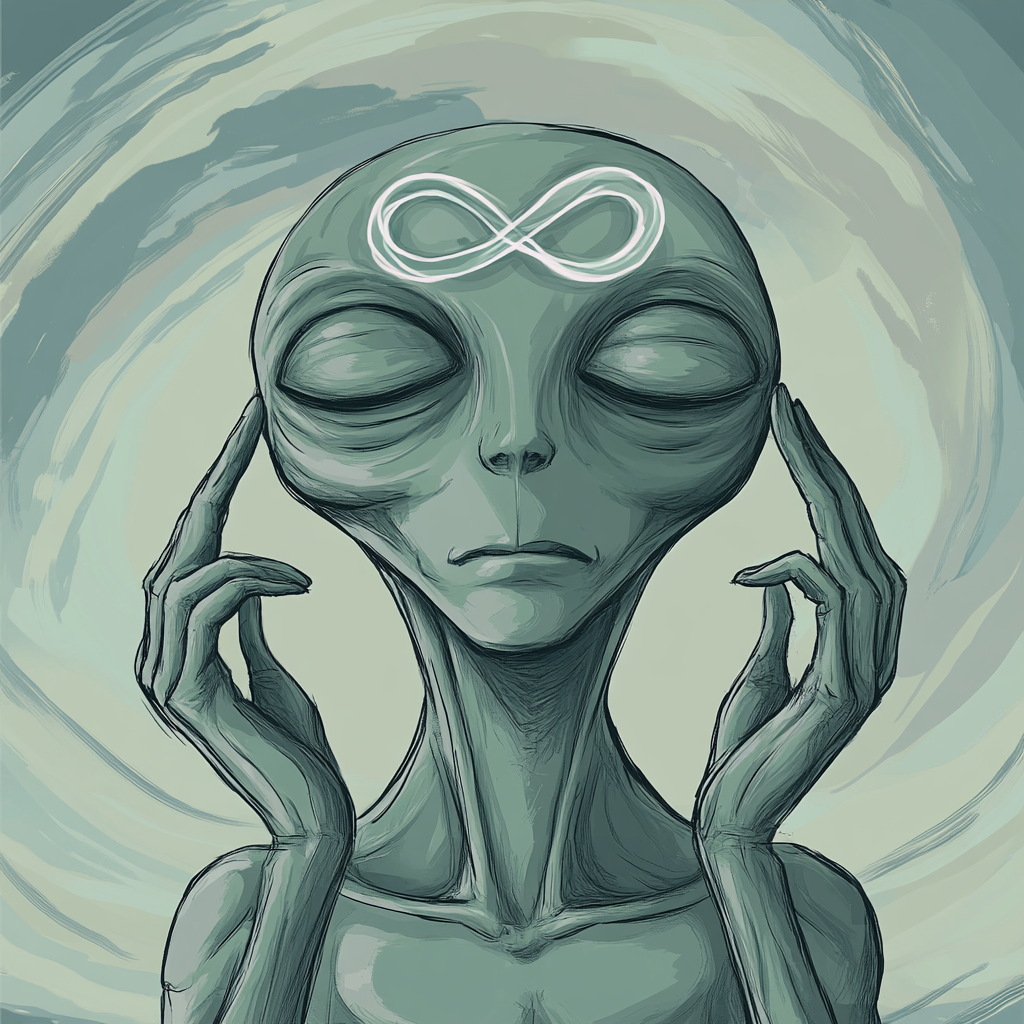 Grey alien meditating with infinity symbol projection