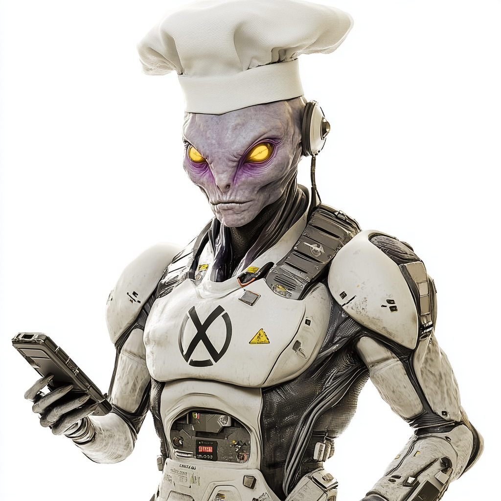 Grey alien with purple tint wearing X-symbol armor.