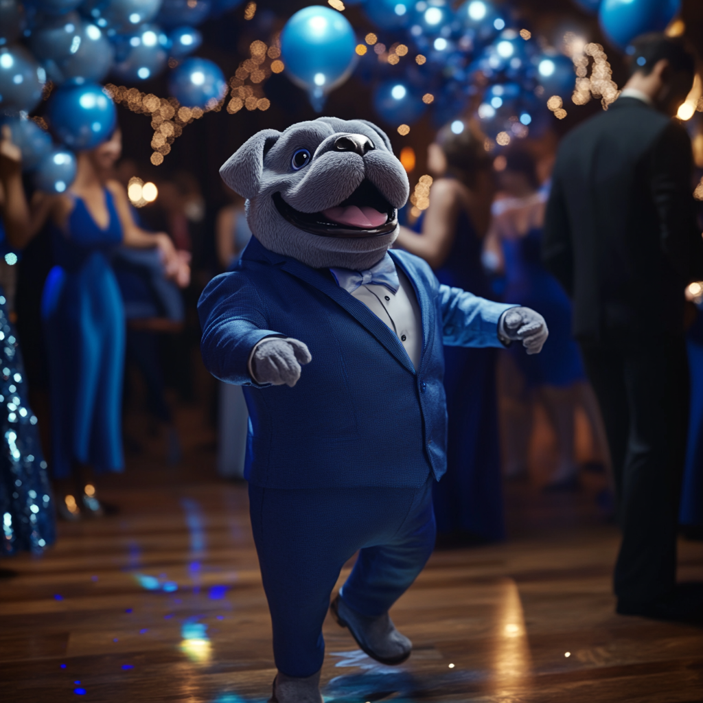 Grey bulldog mascot in blue suit dances at prom