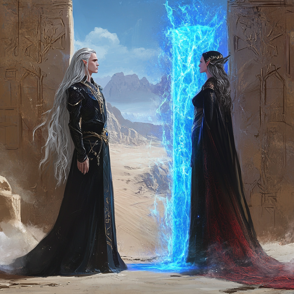 Grey-haired wizard faces queen by magical portal to desert.