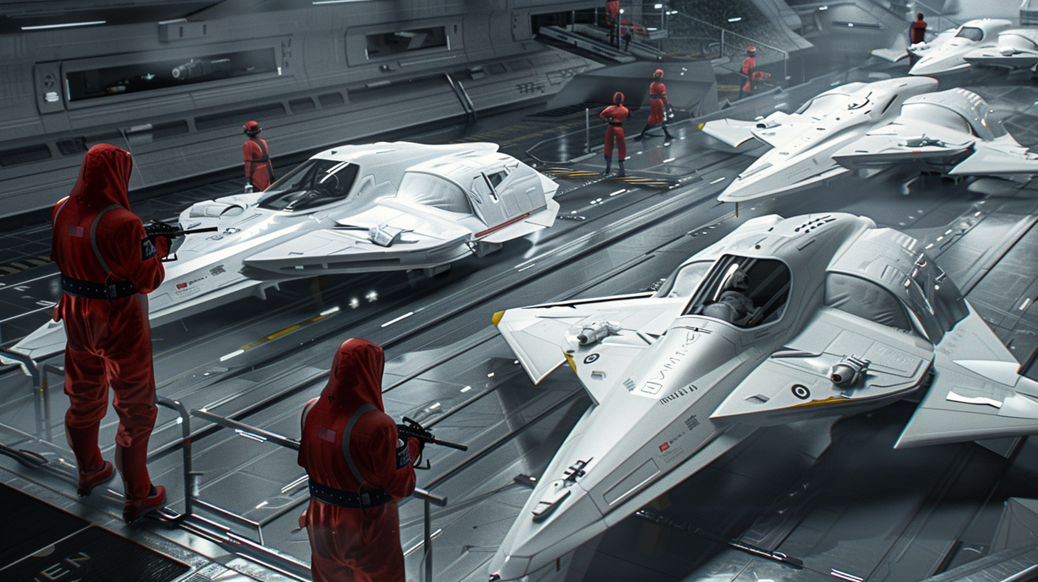 Grey hangar, white spaceships, red jumpsuit guards, guns, manager.