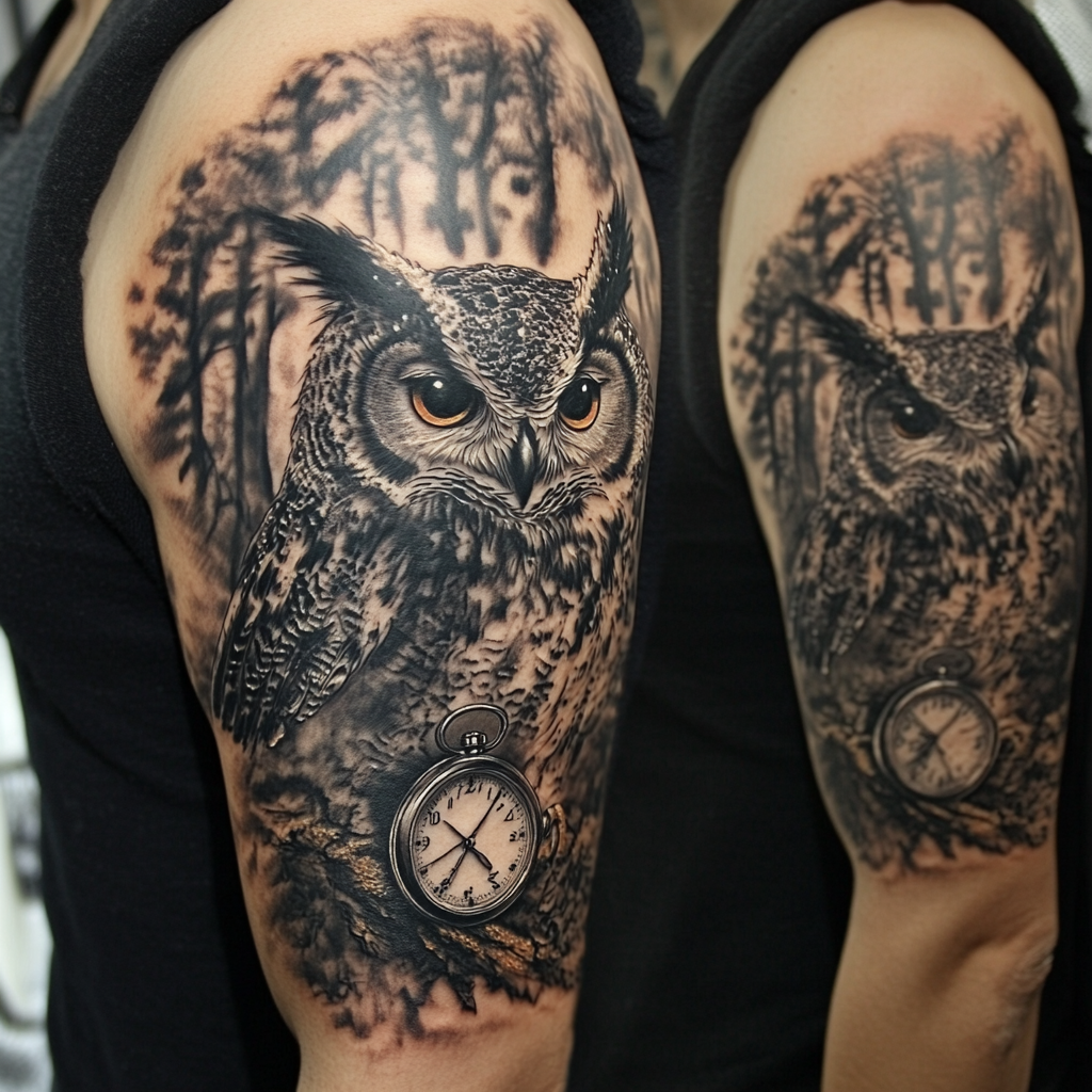 Grey realism half sleeve with owl, watch, forest background.