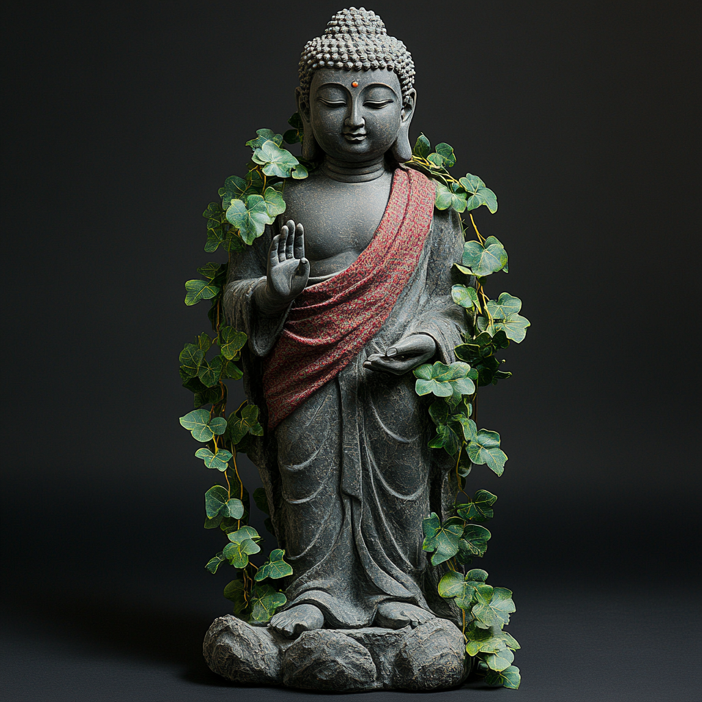 Grey stone Buddha statue with raised hand and green plants.