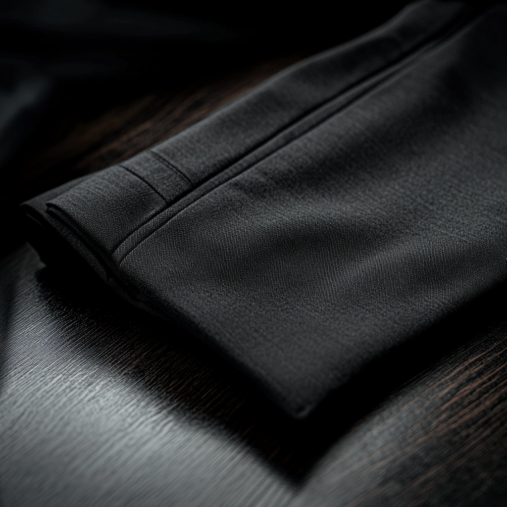 Grey trousers folded on dark wooden surface, soft lighting.