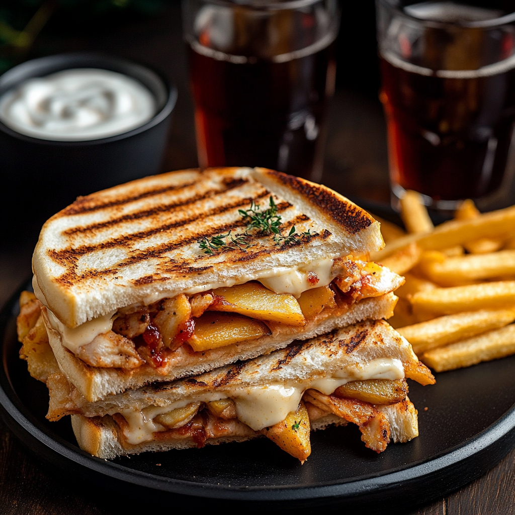 Grilled chicken and potato sandwich with cheese and sauces.