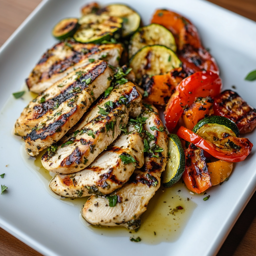 Grilled chicken and veggies drizzled with olive oil.