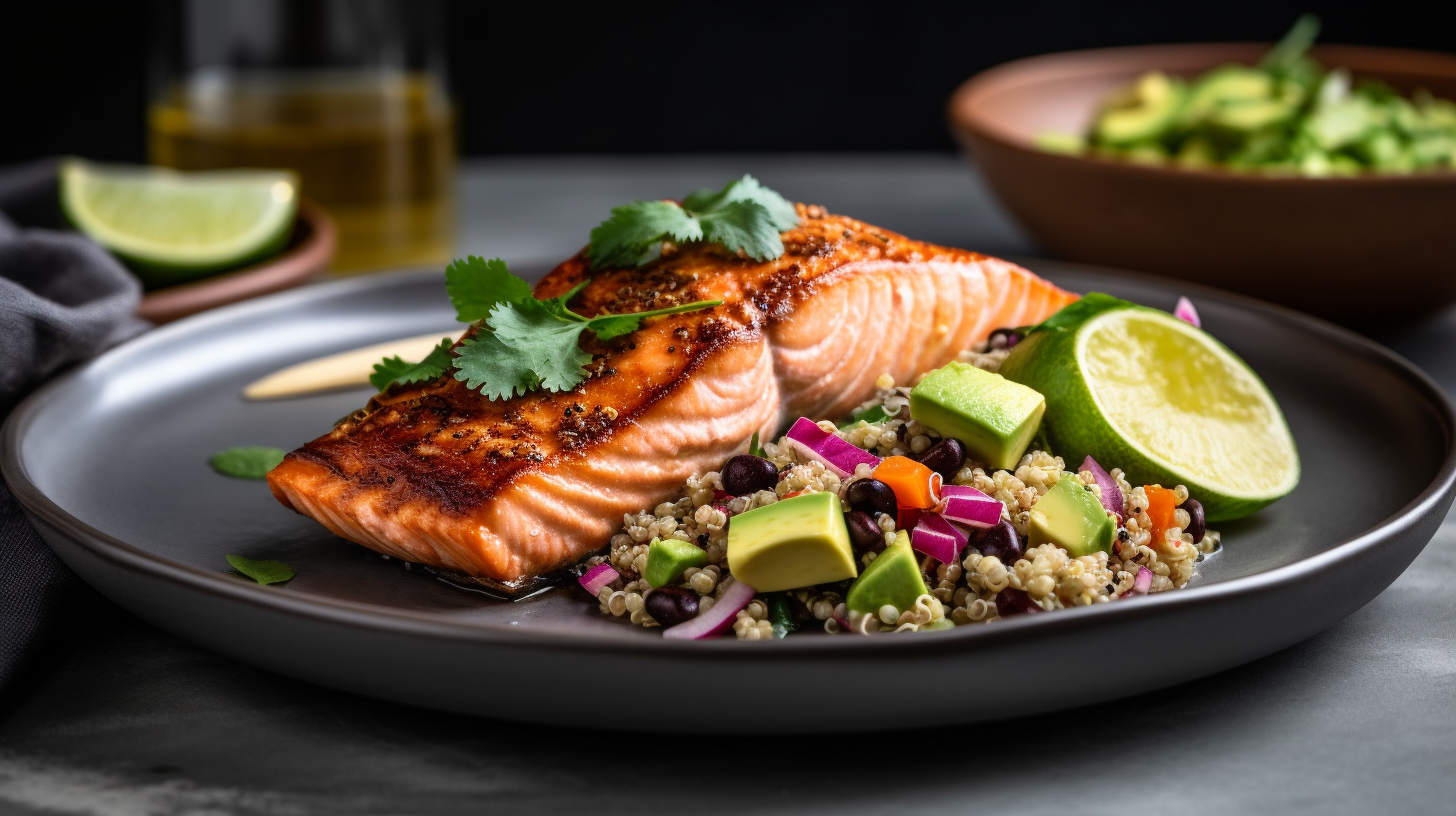 Grilled salmon fillet with quinoa salad and avocado.