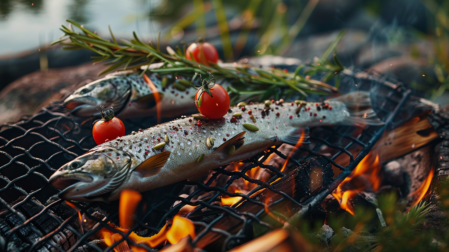 Grilling brook trout and vegetables by lake in America.