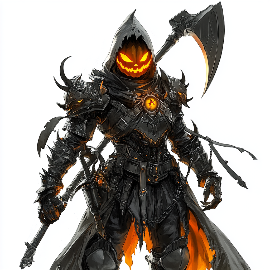 Grim Reaper style pumpkin armor, holding scythe.