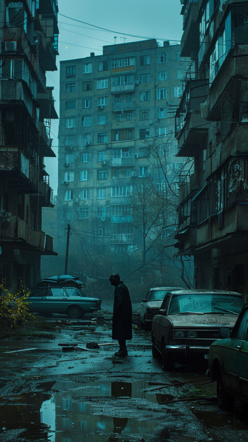 Grim Russian courtyard with ghostly figure in rain