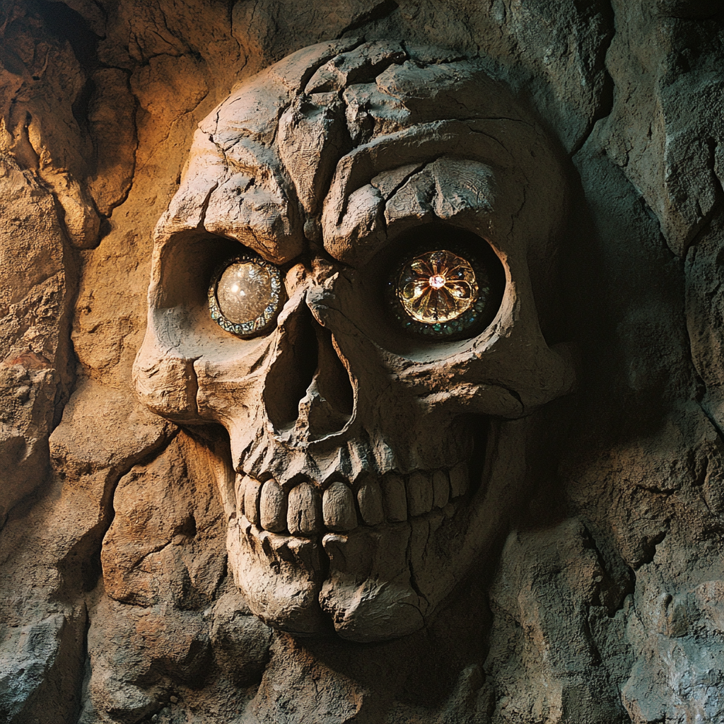 Grinning skull carving with jeweled eyeball in cave