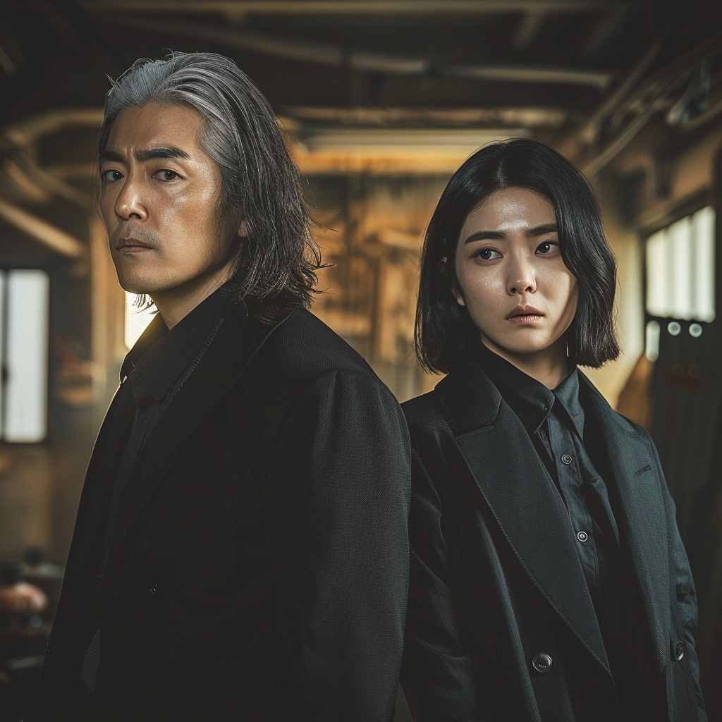 Gritty Korean Detective Drama Photoshoots: Two Detectives, Male (40s) and Female