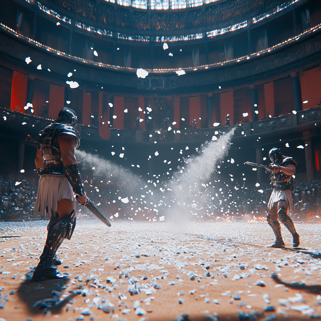 Gritty cyberpunk gladiator fight in high-def arena.