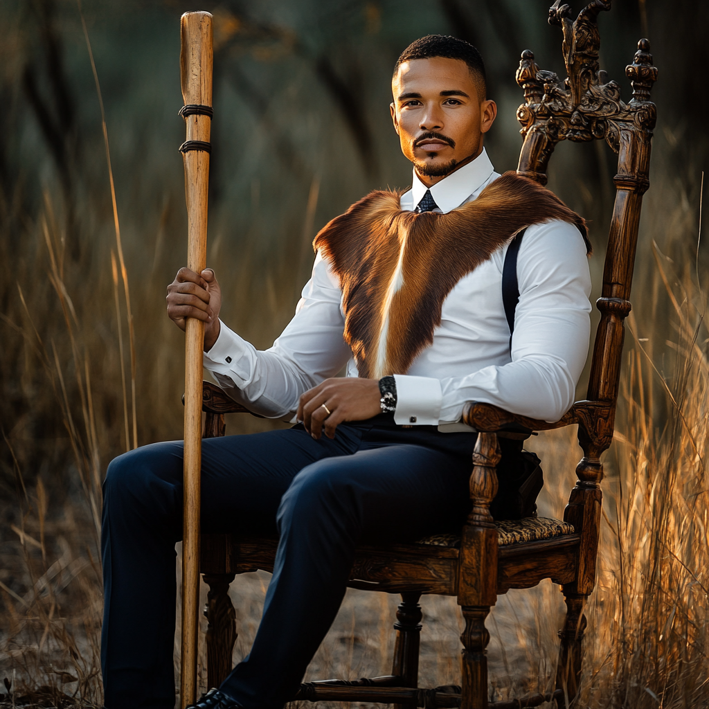 Groom in Botswana holding staff, sitting on chair.