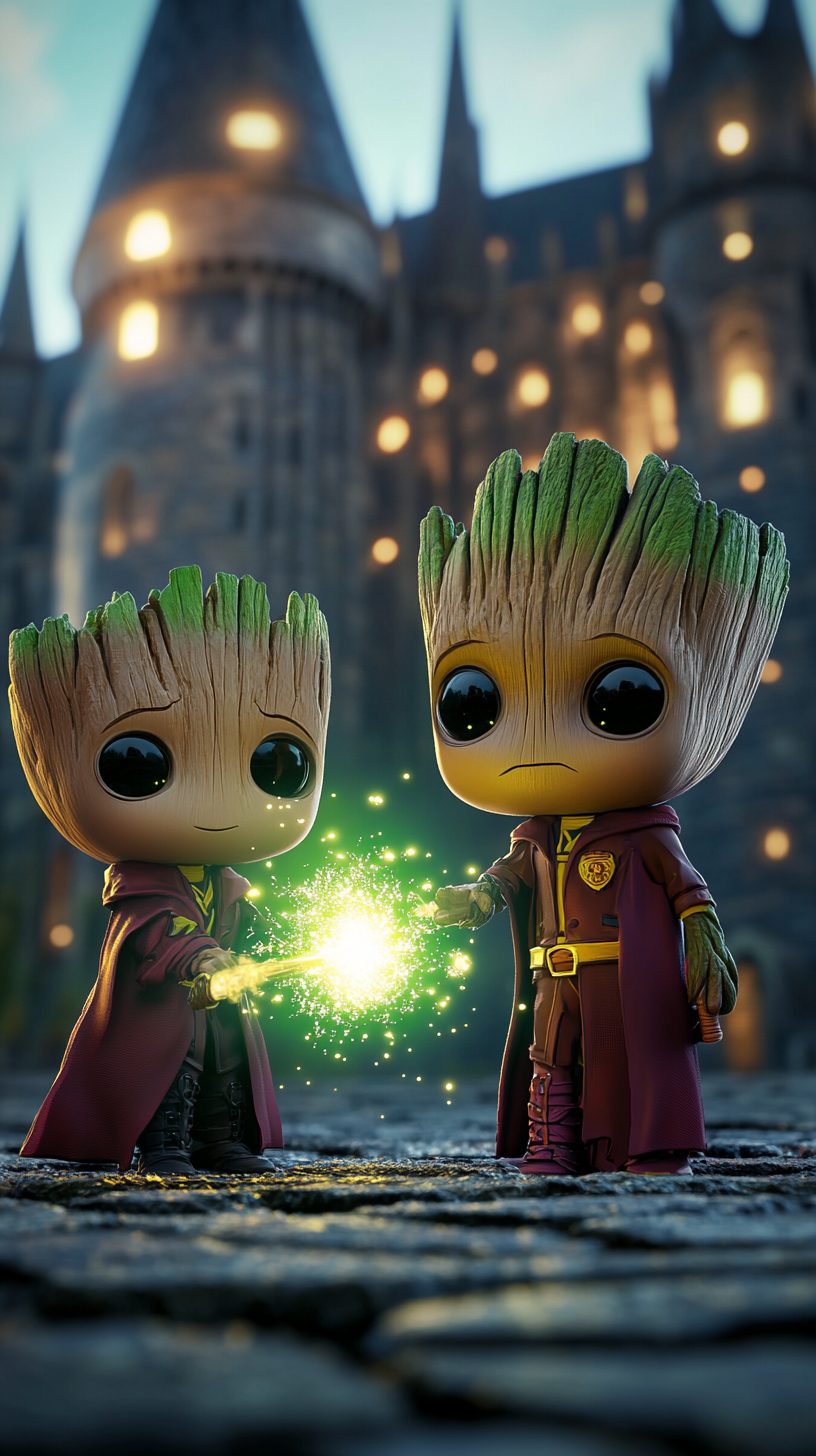 Groot and Elsa cast spells at Hogwarts Castle.