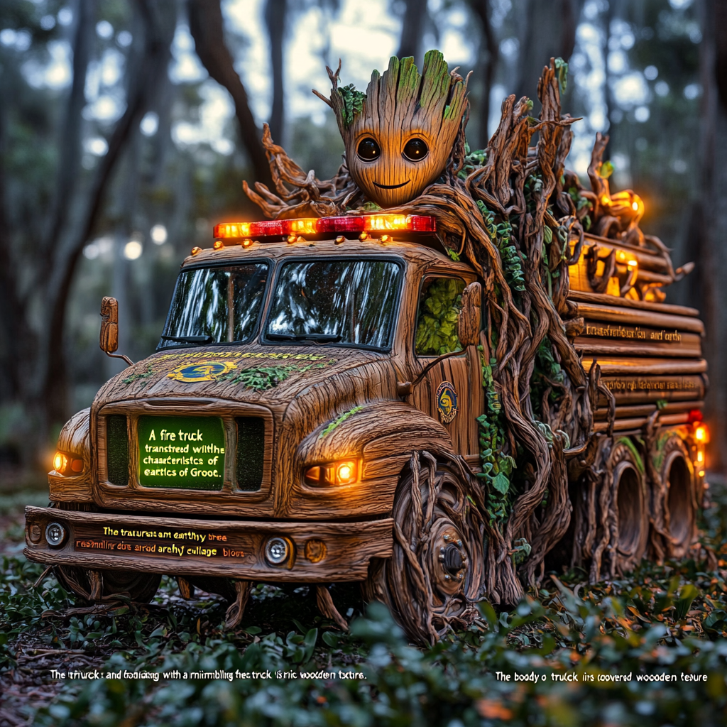 Groot-themed fire truck with natural, glowing design in forest.