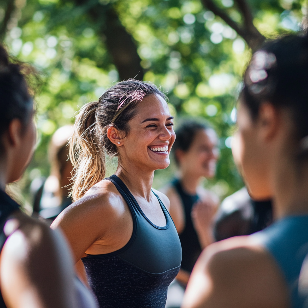 Group exercising outdoors, smiling, motivating and relieving stress.