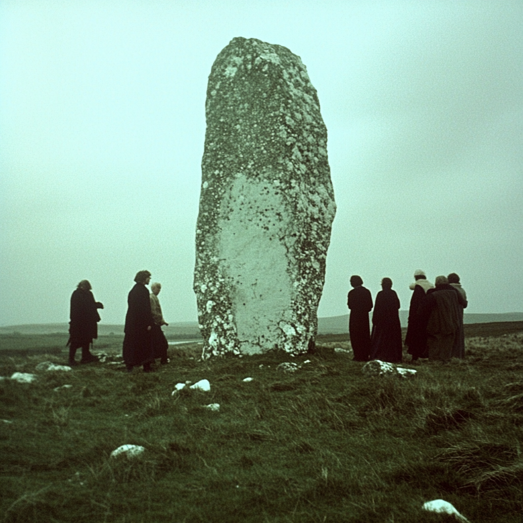 Group hitting menhir with rocks in horror film scene.