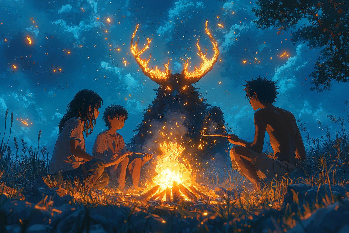 Group making snacks around campfire, vivid colors, detailed landscapes.