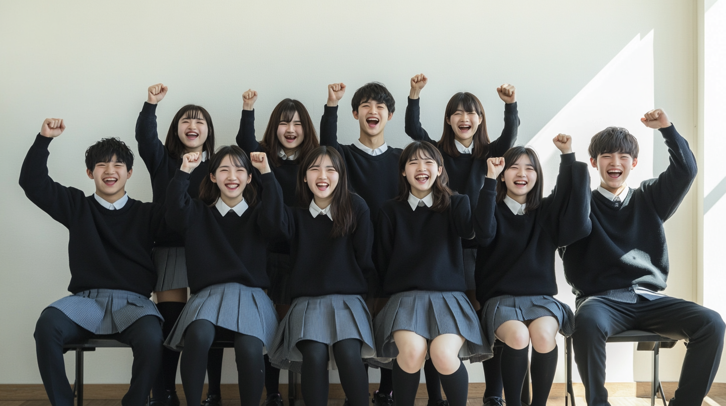 Group of 10 Japanese students in black school uniforms cheering.