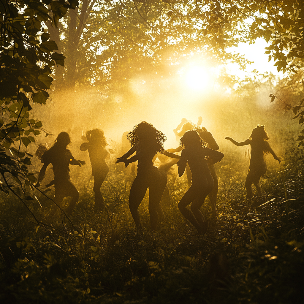 Group of 40s people dancing in lush field.