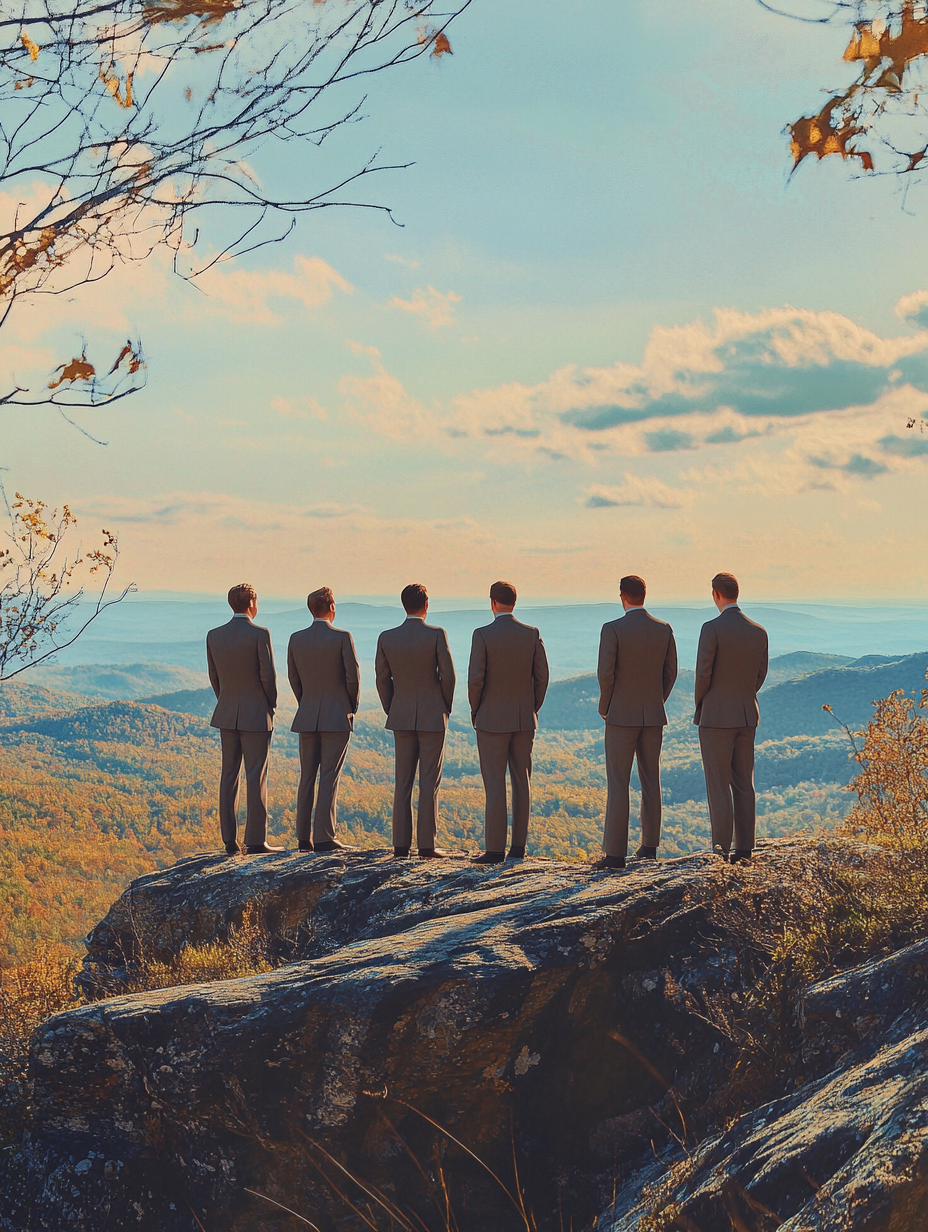 Group of 5 people in suits on mountain. Beautiful view.