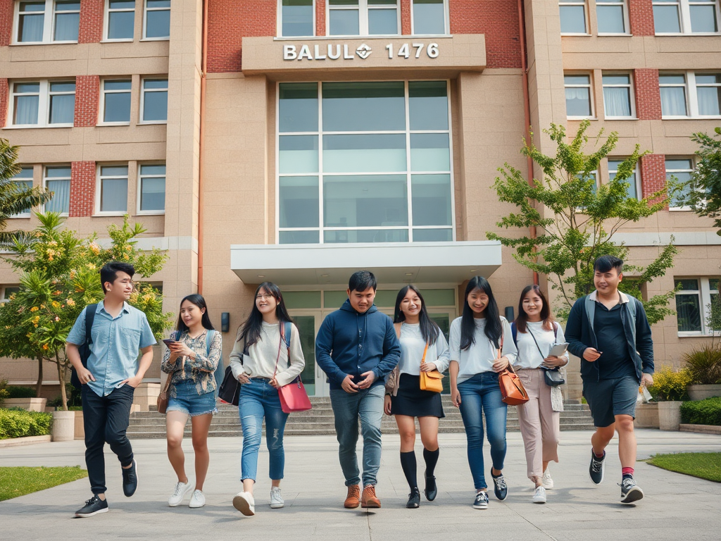 Group of Asian college students laughing walking on campus.