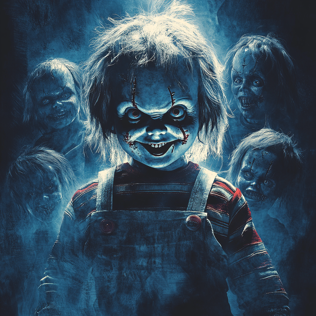 Group of Chucky dolls in menacing poses, eerie atmosphere.