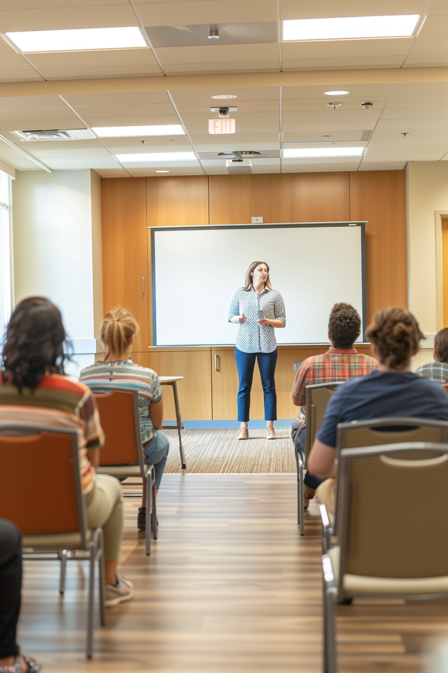 Group of adults in public speaking workshop classroom.