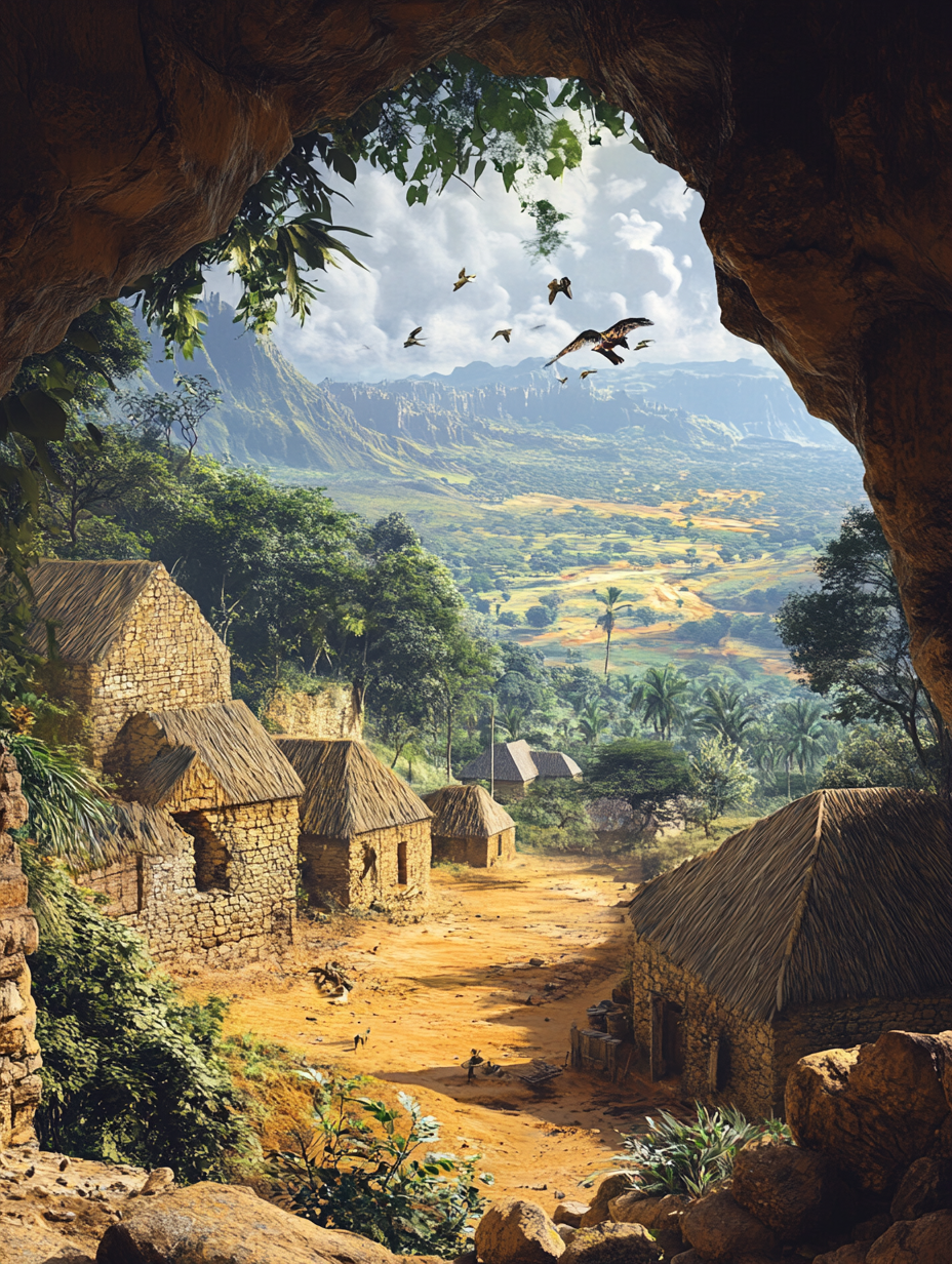 Group of ancient African homes with beautiful landscape view.