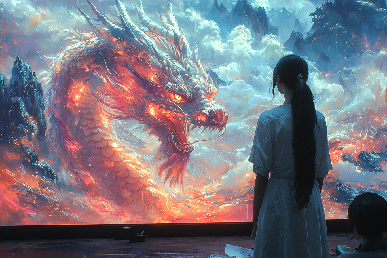 Group of artists painting colorful dragon mural, nostalgic anime.