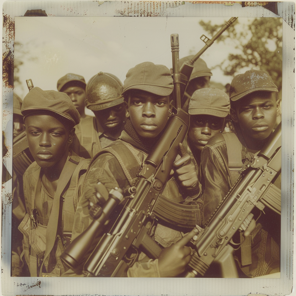 Group of black teens in military gear, posing with rifles