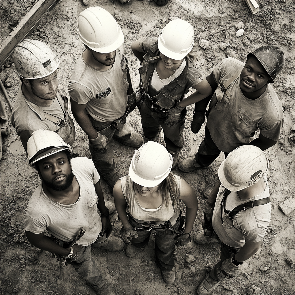 Group of construction workers of various ethnicities in photo.