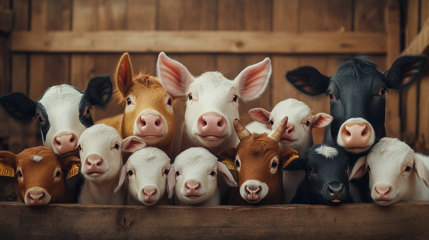 Group of cute farm animals with big eyes.