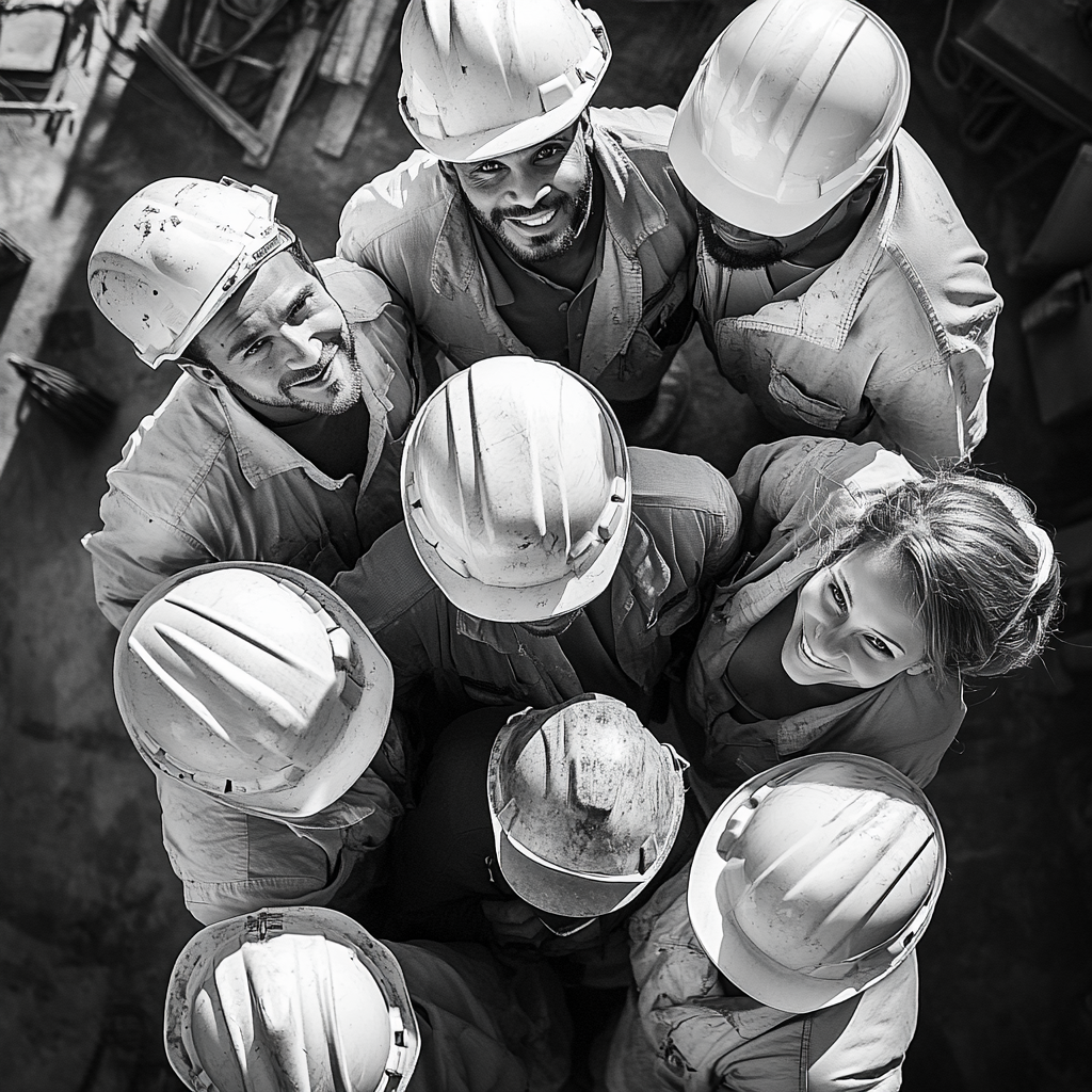 Group of diverse construction workers in professional attire.