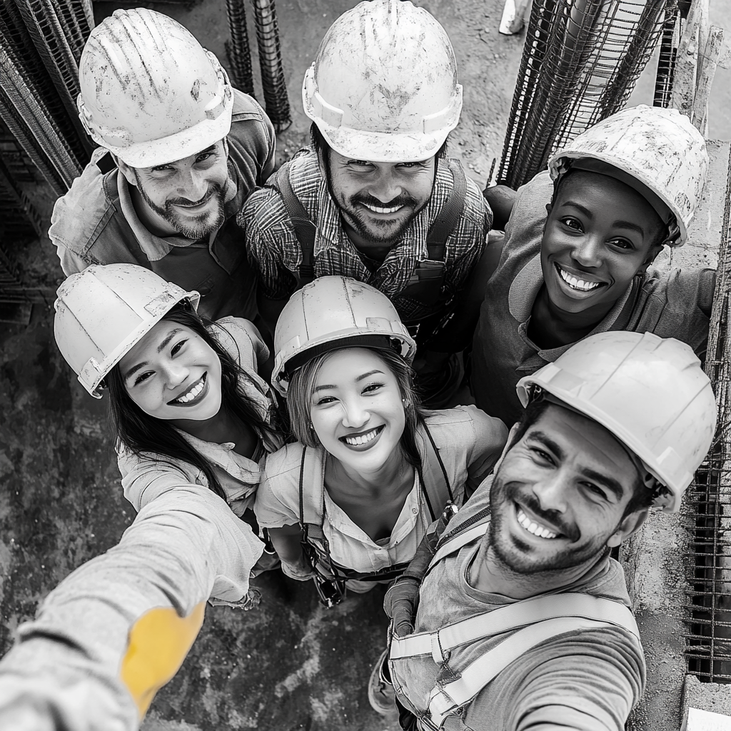 Group of diverse construction workers smiling in photo.