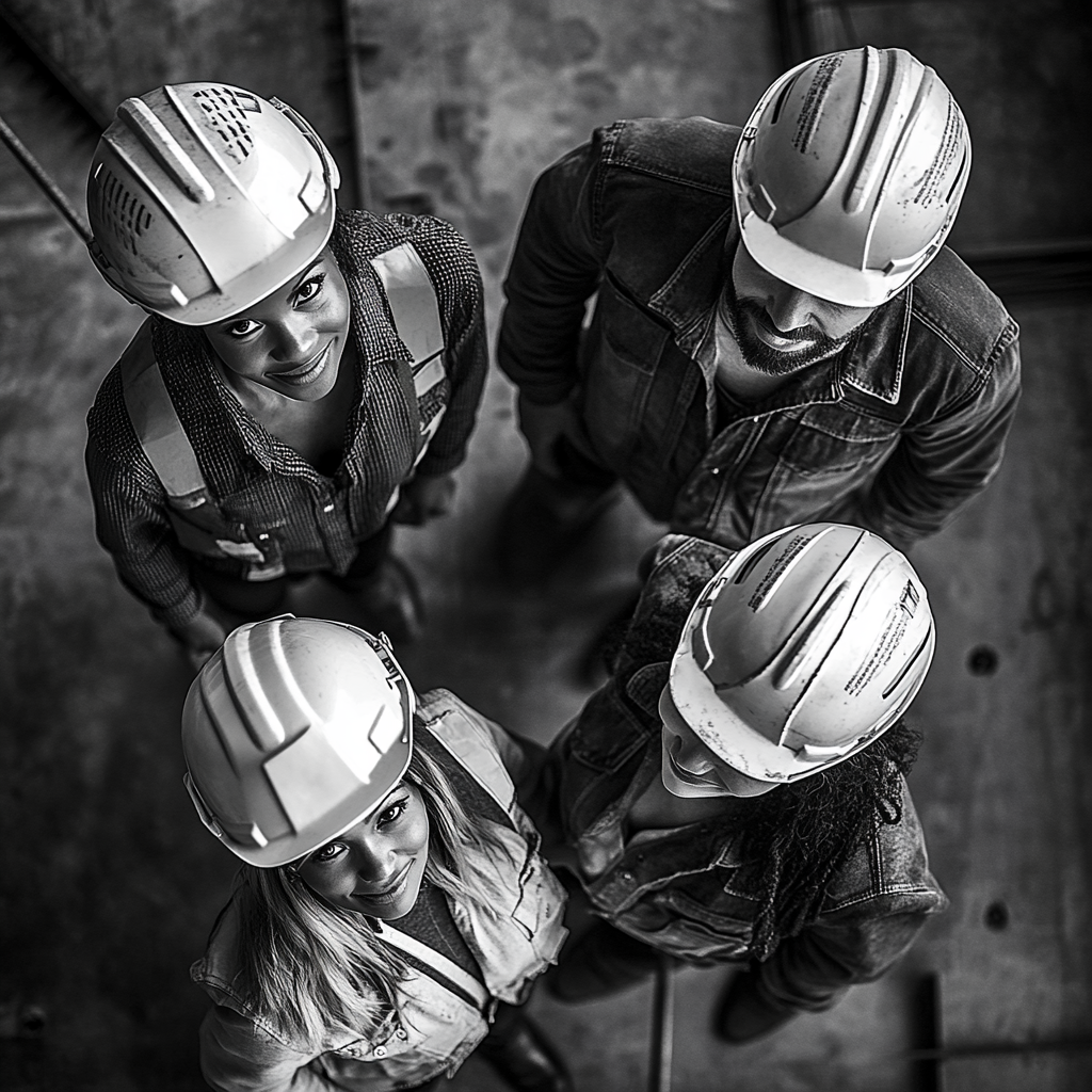 Group of diverse construction workers taking relaxed selfie photo.