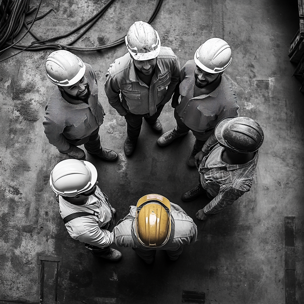 Group of diverse construction workers taking selfie photo.