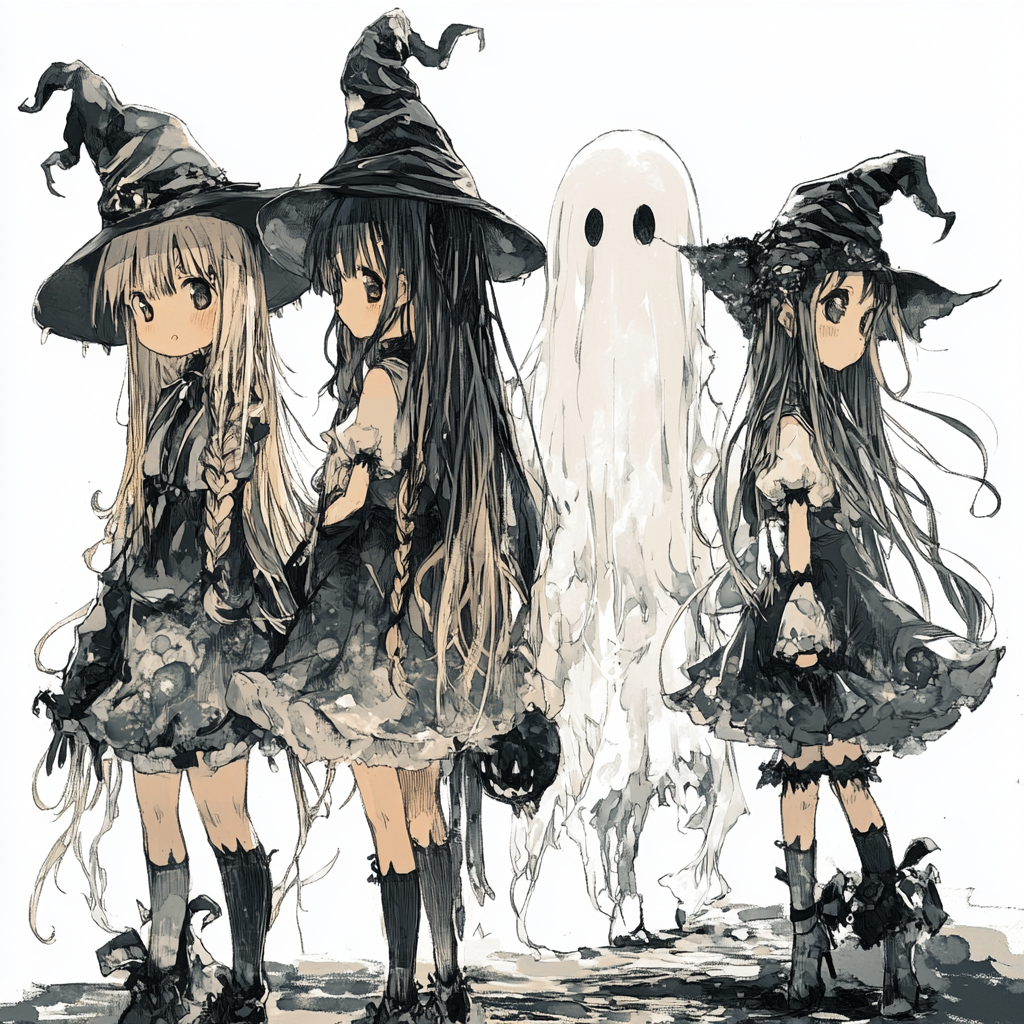 Group of elementary girls dressed as witches with ghost.