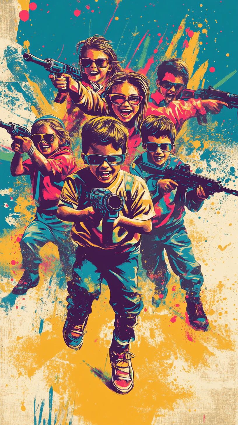 Group of kids bursting forward in retro movie poster.