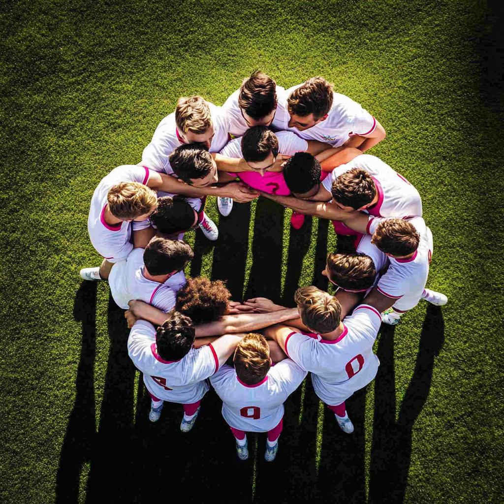 Group of male athletes hugging in white and fuchsia shirts.