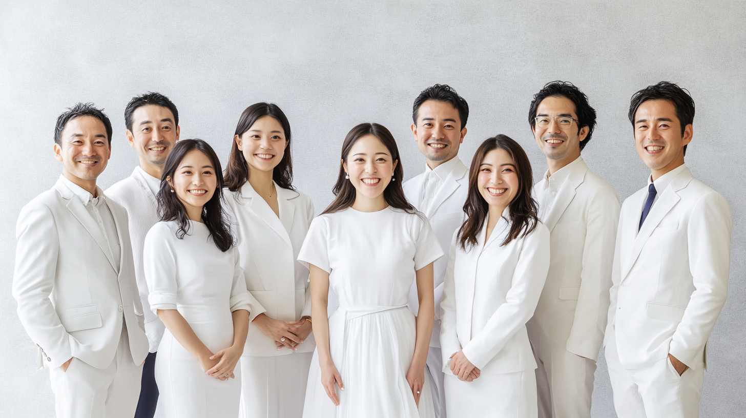 Group of nine Japanese professionals in elegant attire, smiling proudly.