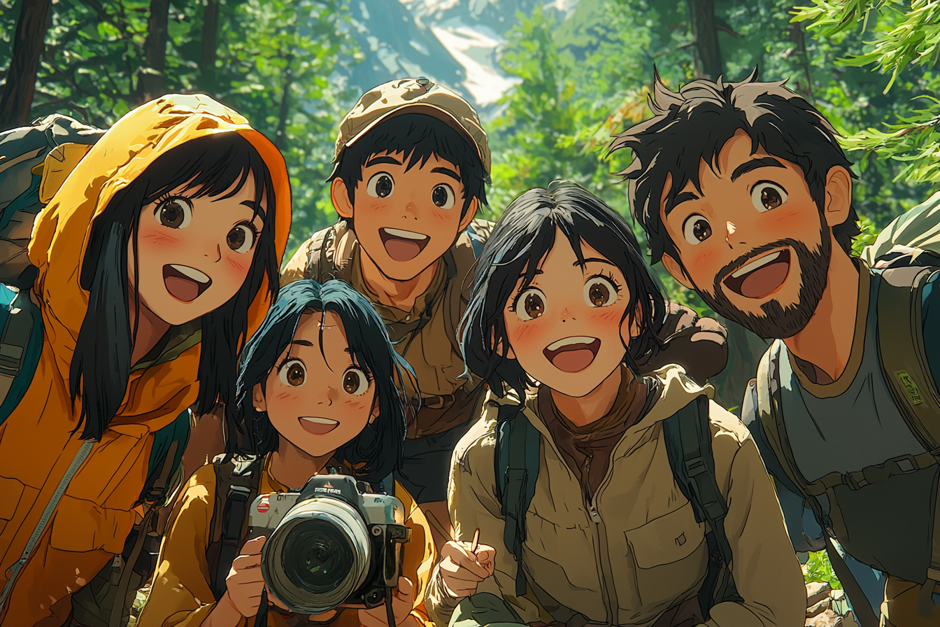 Group of people camping in beautifully-rendered anime landscape.