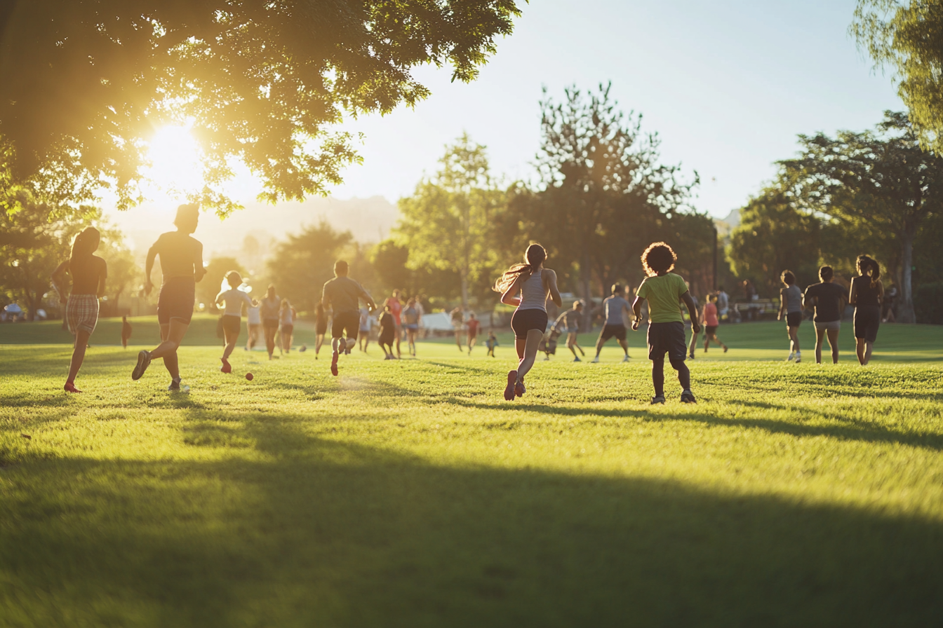 Group of people families playing sports healthy lifestyle outdoors