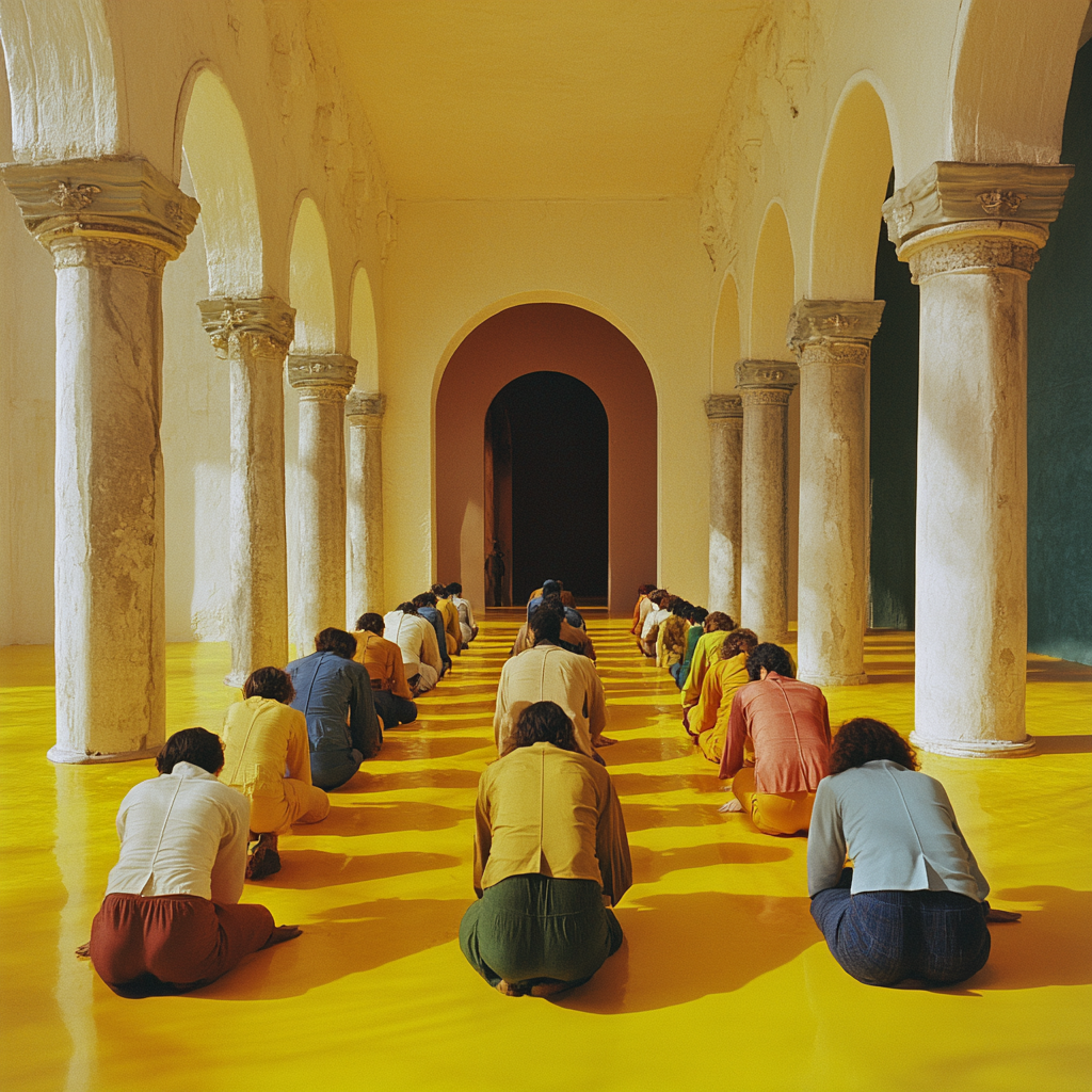 Group of people in colorful scene kneeling indoors.