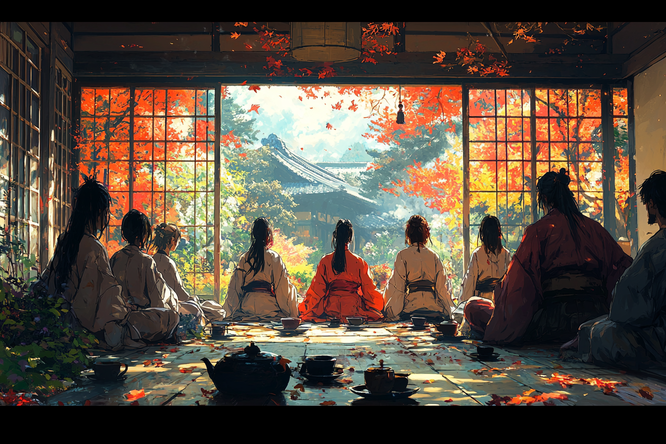 Group of people in modern teahouse with vibrant colors.