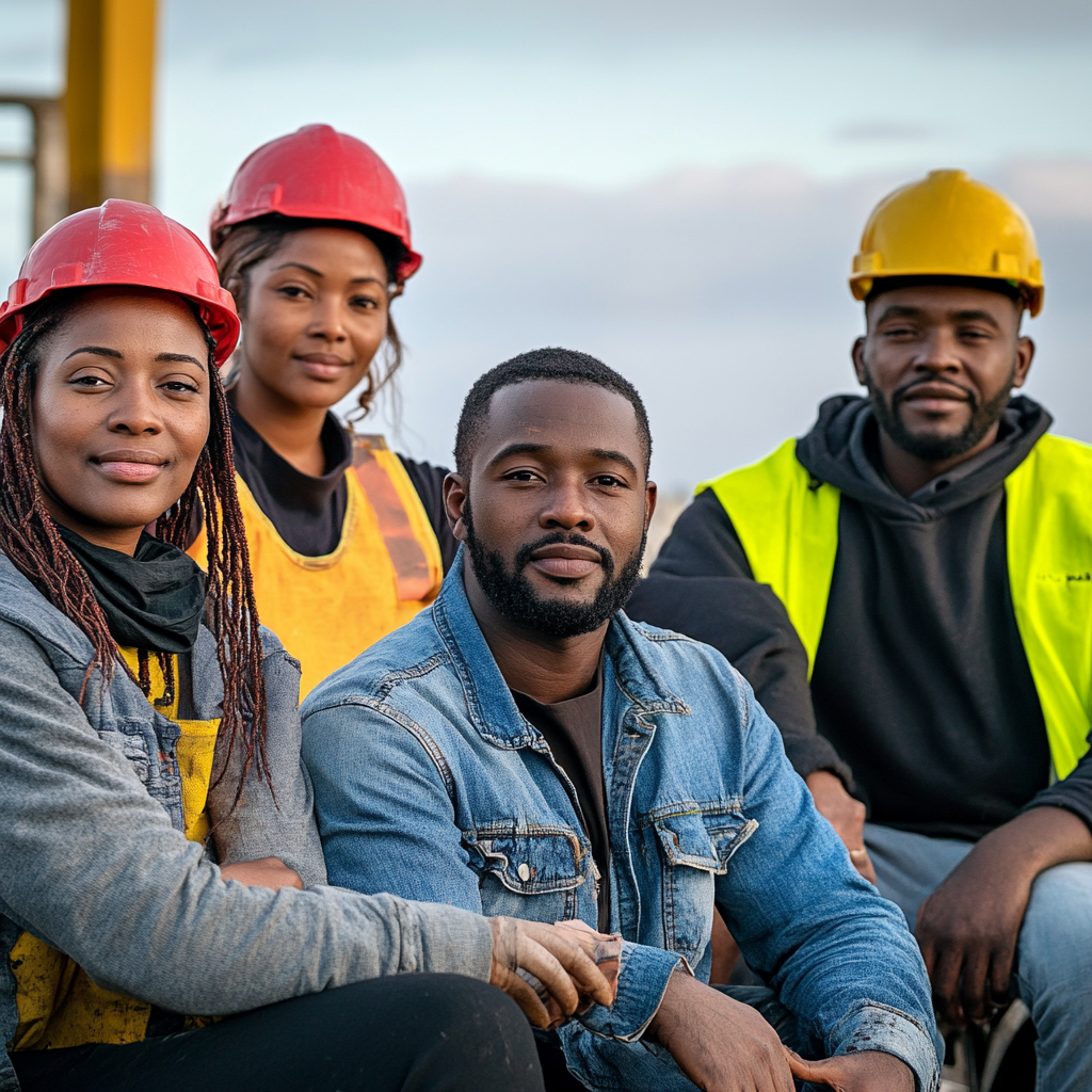 Group of proud workers on building site, looking into camera.