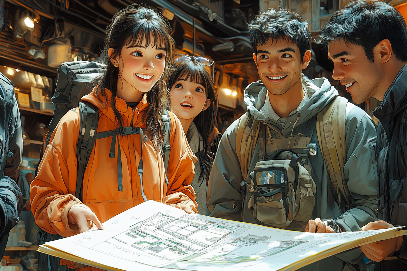 Group of smiling people looking at building diagram.