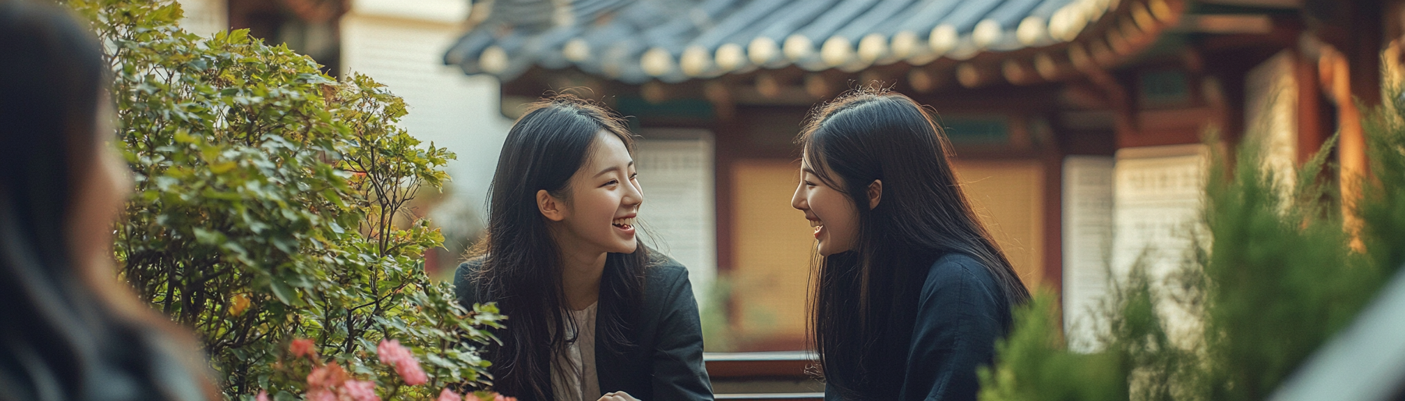 Group of young Korean and European women in garden.